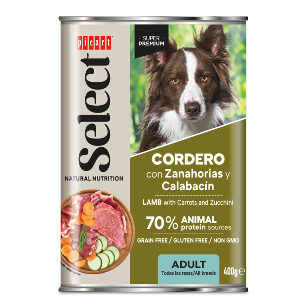 Suņu konservi pieaugušiem suņiem ar jēra gaļu, burkāniem un cukini 400g