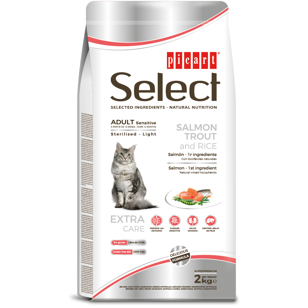 Kaķu barība Select Superpremium Light sterilizētiem kaķiem ar lasi, foreli un rīsiem 8kg