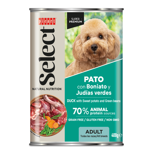 Suņu konservi pieaugušiem suņiem ar pīles gaļu, saldajiem kartupeļiem un zaļajām pupiņām 400g