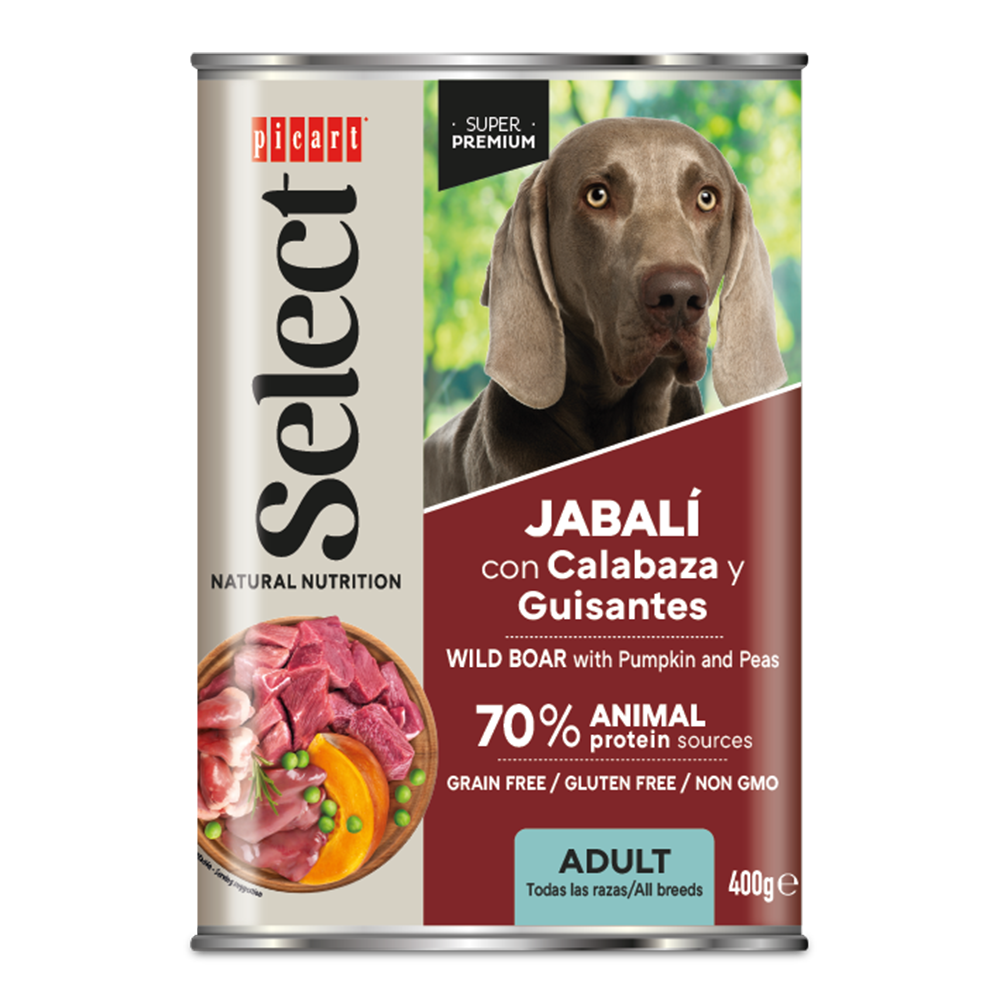 Suņu konservi pieaugušiem suņiem ar meža cūkas gaļu, ķirbjiem un zaļajiem zirnīšiem 400g