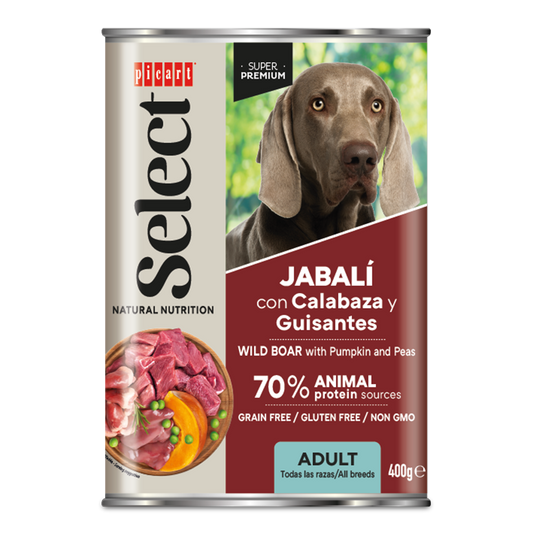 Suņu konservi pieaugušiem suņiem ar meža cūkas gaļu, ķirbjiem un zaļajiem zirnīšiem 400g