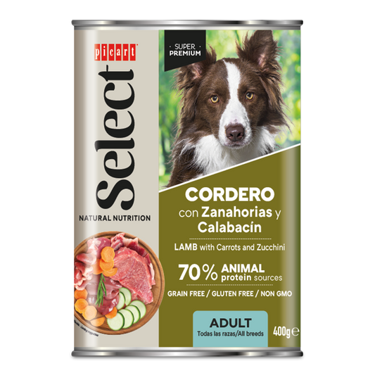 Suņu konservi pieaugušiem suņiem ar jēra gaļu, burkāniem un cukini 400g