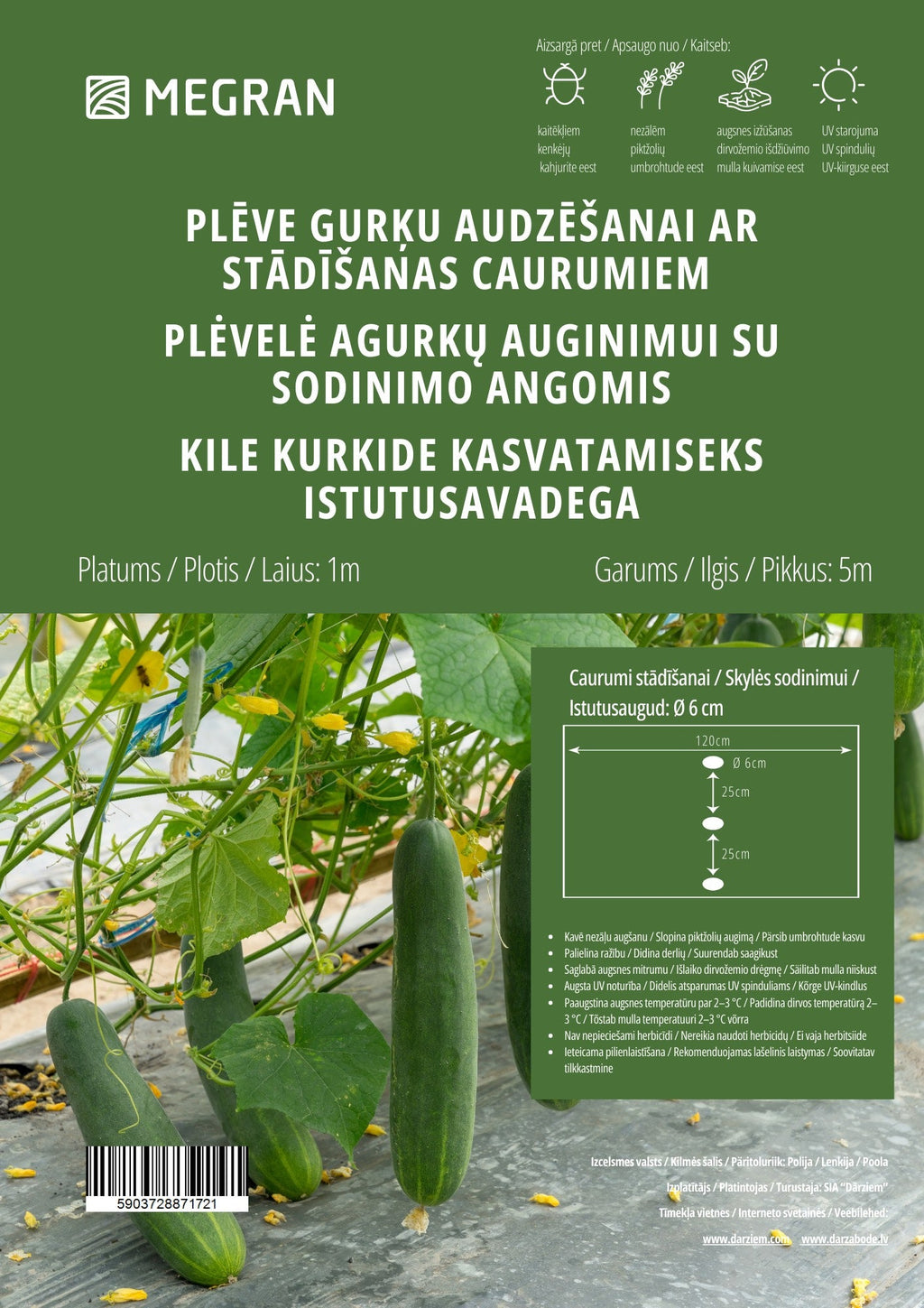 Plēve gurķu audzēšanai ar stādīšanas caurumiem 1x5m