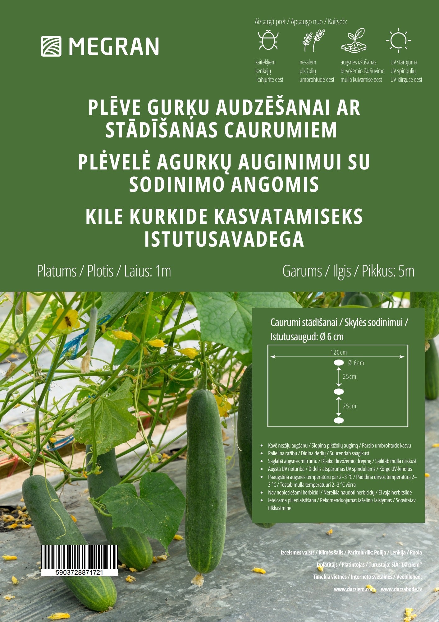 Plēve gurķu audzēšanai ar stādīšanas caurumiem 1x5m