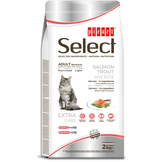 Kaķu barība Select Superpremium Light sterilizētiem kaķiem ar lasi, foreli un rīsiem 8kg